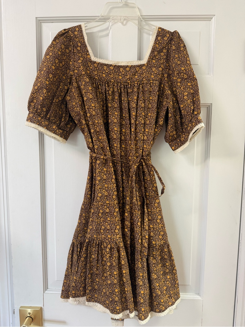 Christy Dawn Brown Floral Puff-Sleeve Midi Dress with Lace Trim
